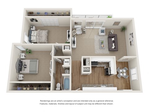 The Rosewood floor plan - 2 bedroom 1 bathroom with 940 square feet
